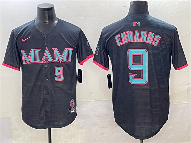 Men's Miami Marlins #9 Xavier Edwards Black 2025 City Connect Limited Stitched Baseball Jersey Men's Miami Marlins #9 Xavier Edwards Black 2025 City Connect Limited Stitched Baseball Jersey